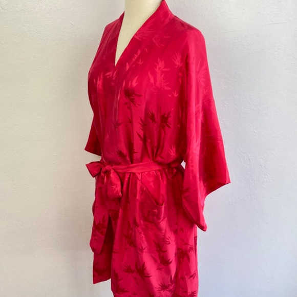Hot Pink Chinese Peignoir Kimono Short Robe Large Bamboo Leaves Tie Belt Pockets - Picture 6 of 16